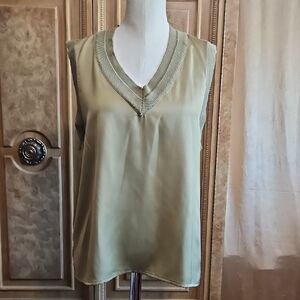DKNY Olive Green Sleeveless Satiny V-Neck Tank NWT Large